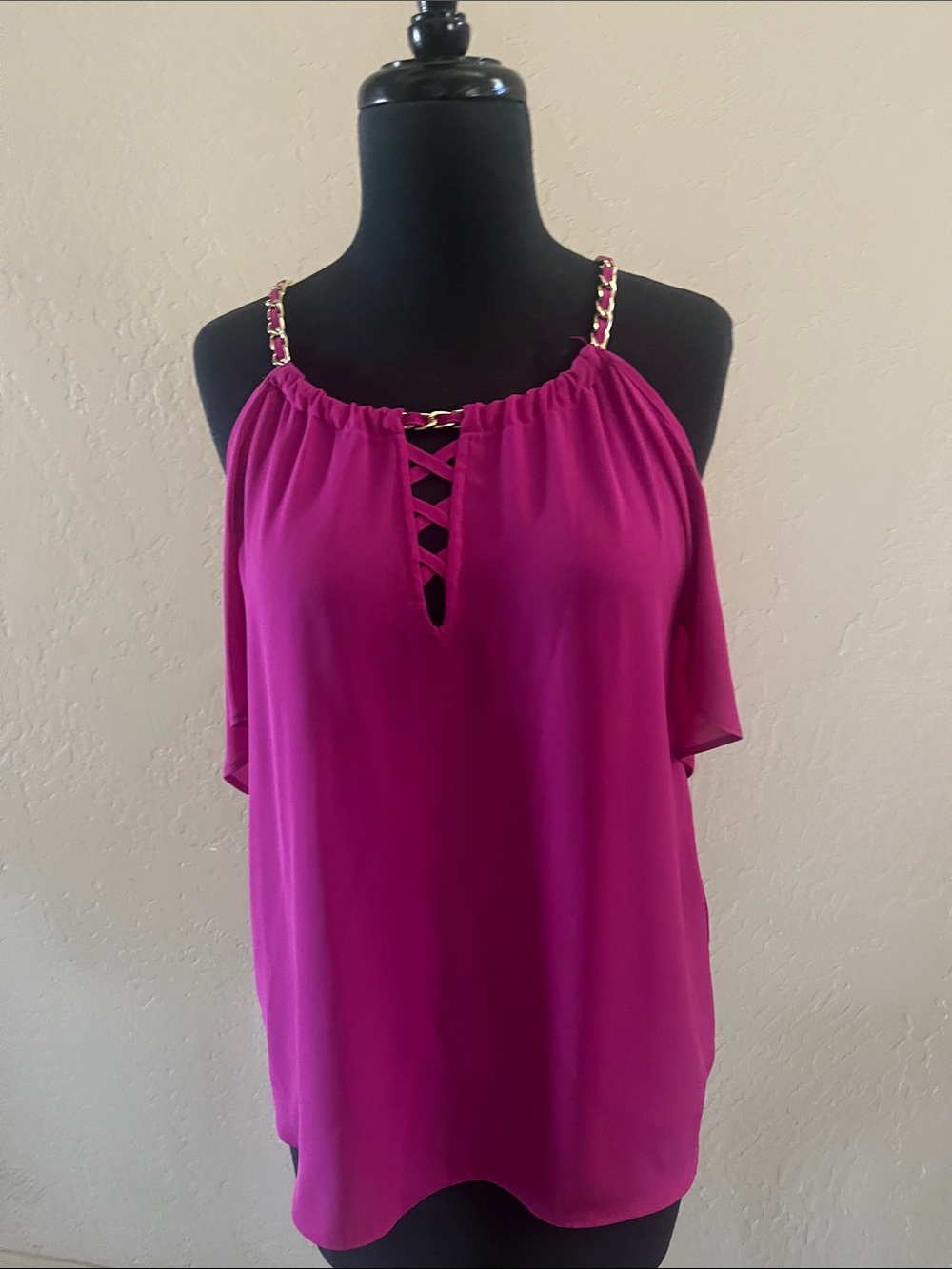 INC International Concepts Fuchsia Cold-Shoulder Chain-Strap Blouse